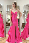 Vestido longo de cetim cor-de-rosa vivo com alças de sereia e racha PSK514