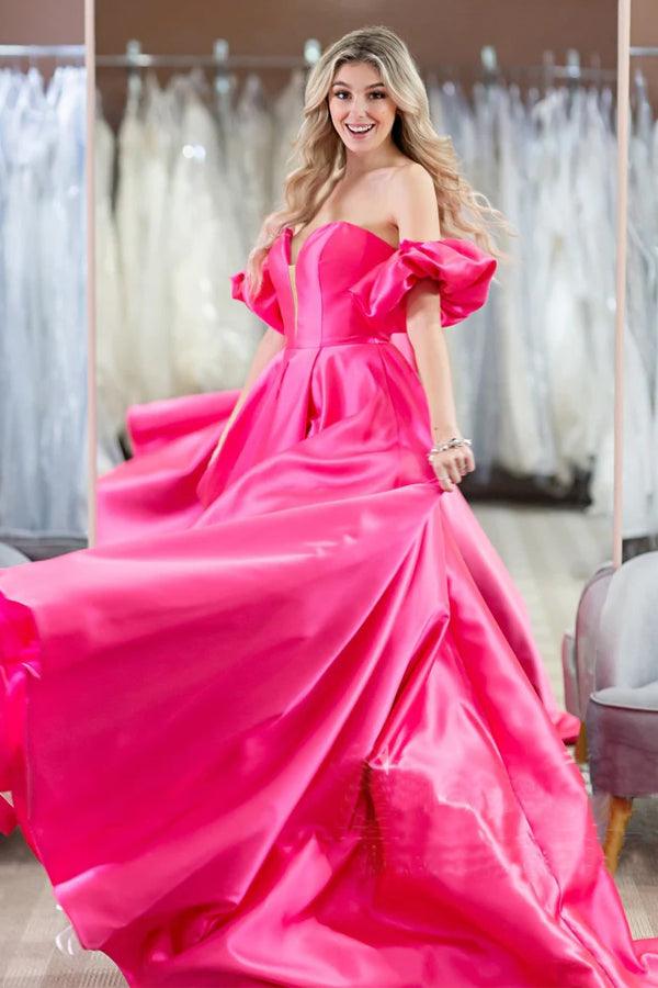 Vestidos de noche sencillos con hombros descubiertos y mangas abullonadas en rosa intenso