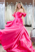 Vestidos de noche sencillos con hombros descubiertos y mangas abullonadas en rosa intenso