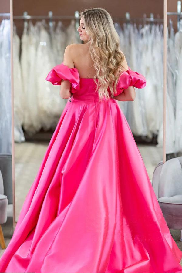 Vestidos de noche sencillos con hombros descubiertos y mangas abullonadas en rosa intenso