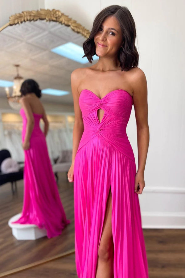 Vestido Formal de Baile em Linha A com Pregas, Sem Alças, Fenda em Forma de Gota, Cor Rosa Choque