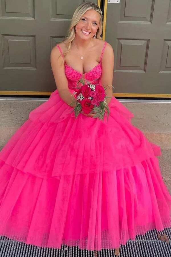 Vestidos longos de cerimónia com alças finas em camadas de tule, vestido de noite