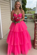 Vestidos longos de cerimónia com alças finas em camadas de tule, vestido de noite