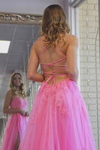 Vestidos longos de baile com racha em tule, vestido de noite com aplicações de renda