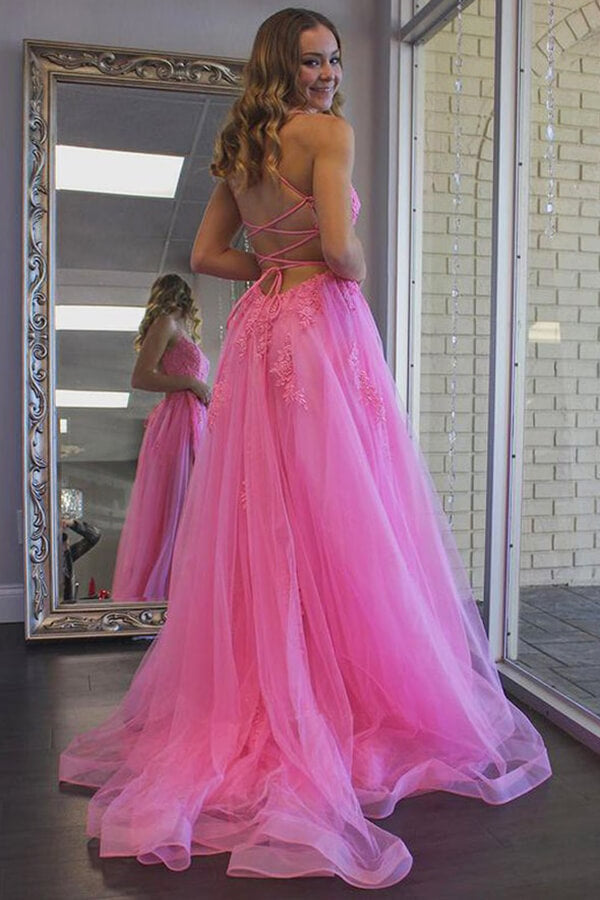 Vestidos longos de baile com racha em tule, vestido de noite com aplicações de renda