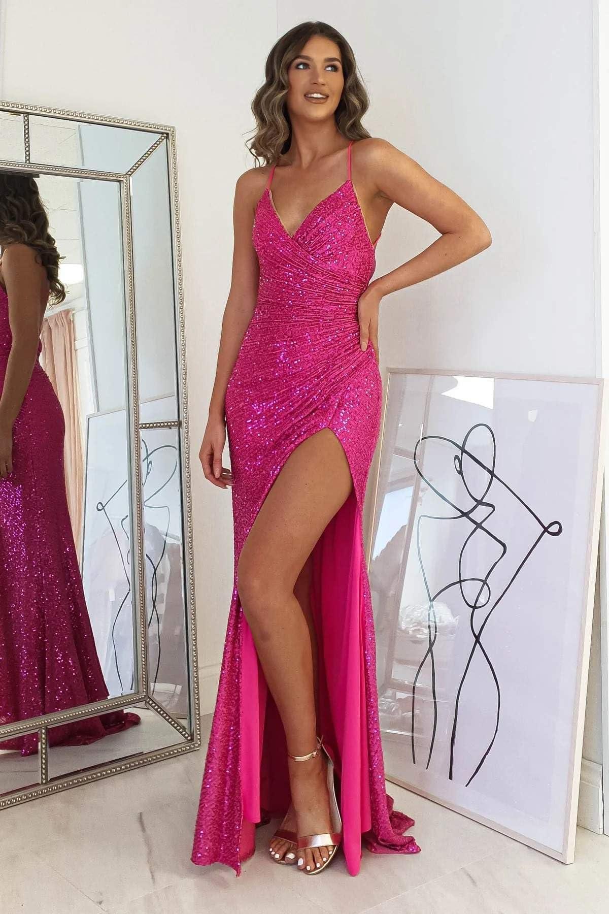 Vestido de noche brillante con abertura para baile de graduación