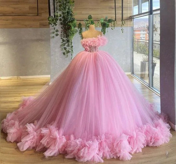 rosa Abschlussballkleider, Rüschenschwanz Abschlussballkleider, Ballkleid, bauschige Abschlussballkleider, Tüllabendkleider, neu eingetroffene Abendkleider Y1492