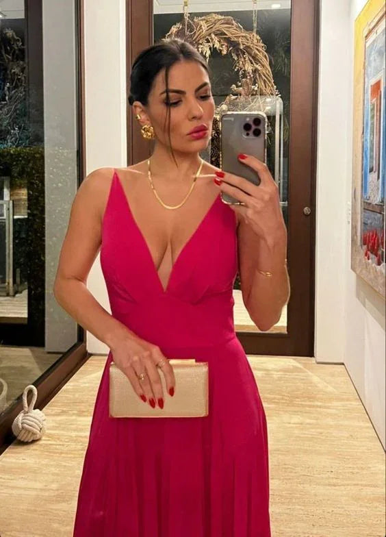 Vestido longo de noite simples em linha A com decote profundo em V Y7173