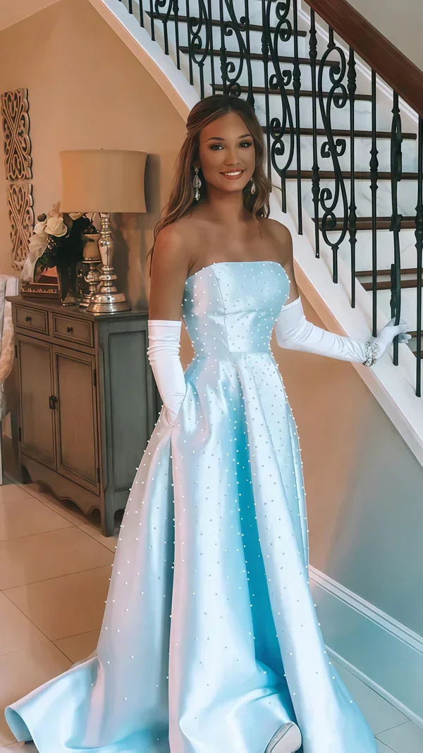 Beautiful Strapless Light Blue Pearl Beaded Birthday Party Dress Formal Prom Evening Dress Y8120