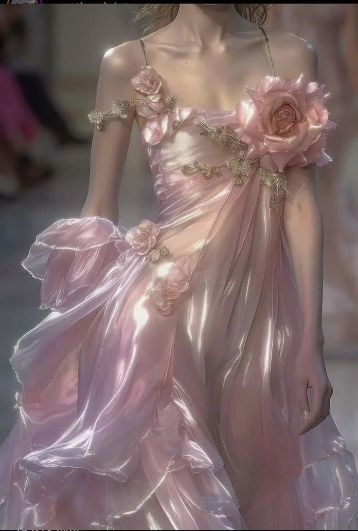 Classy Spaghetti Straps Pink Chiffon Prom Dress Evening Dress With 3D Flowers Y8336