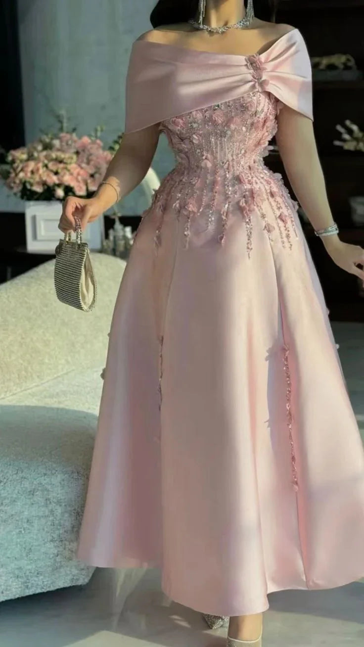 Vestido elegante de fiesta formal de satén con apliques de cuentas y escote barco, línea A, vestido de noche Y8160