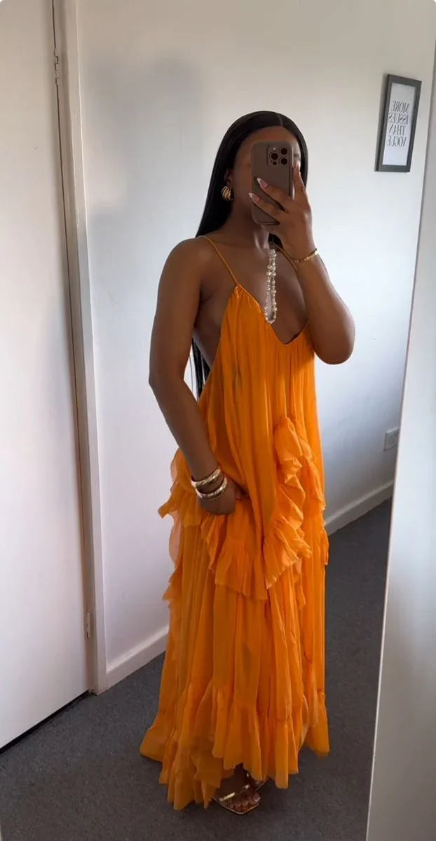 Vestido de Festa de Noite com Decote em V Sexy e Babados de Chiffon Laranja para Baile de Finalistas Y8065