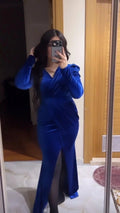 Vestido de noche elegante de terciopelo azul real, vestido de noche azul real Y5666