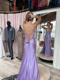 Vestido de fiesta lila con espalda de cordones estilo sirena, vestido de noche lila Y4155