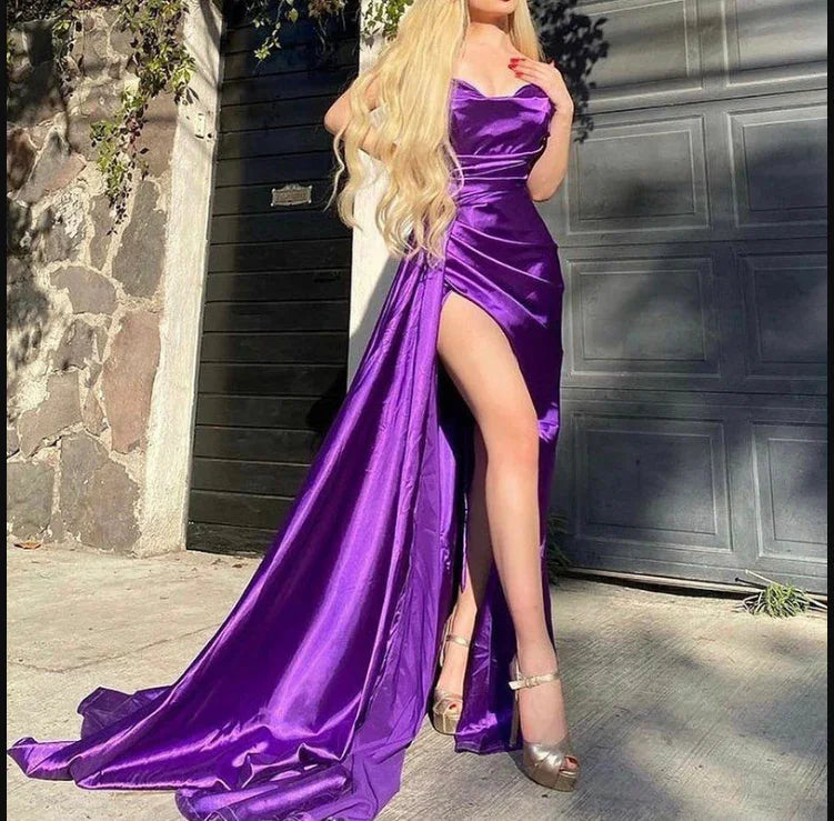 Sexy lila Meerjungfrau Satin langes Ballkleid mit Seitenschlitz langes Abendkleid Y1923