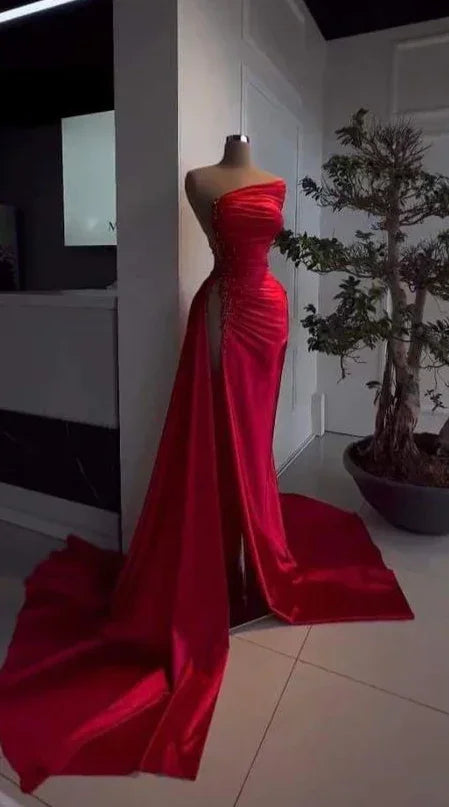 Vestido de noche rojo con escote asimétrico, satén plisado y abertura alta, vestido formal encantador Y379