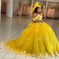 Vestido Amarelo de Baile para Quinceanera com Ombros Descobertos, Fecho de Laçada nas Costas, Cauda Longa, Aplicações e Contas Y656