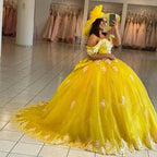 Vestido Amarelo de Baile para Quinceanera com Ombros Descobertos, Fecho de Laçada nas Costas, Cauda Longa, Aplicações e Contas Y656
