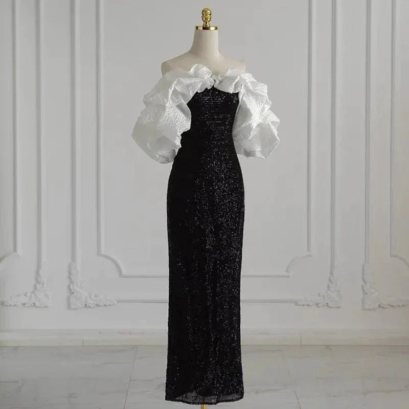 Vestido de Noite Gótico Preto e Branco com Folhos Vestido Formal Y4383
