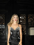 Charming Black Satin Beaded Slit Prom Dress Spaghetti Straps Sheath Evening Gown Y8229
