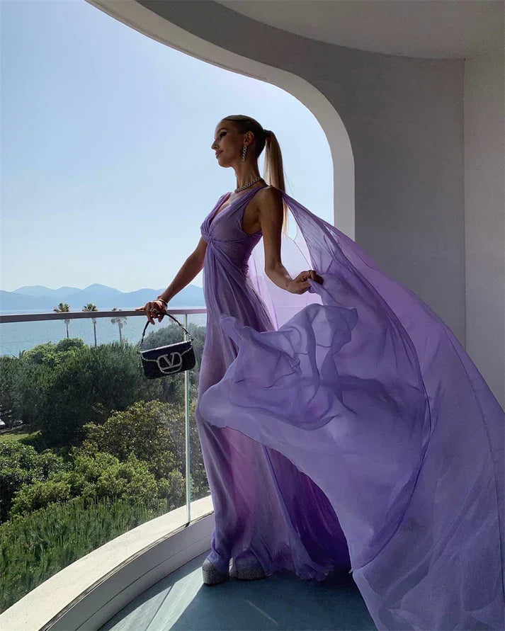 Vestido largo de tul morado sencillo con escote en V para fiesta Y7774