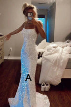 Sparkly Spaghetti Straps Mermaid White Sequin Prom Evening Dress Y8071