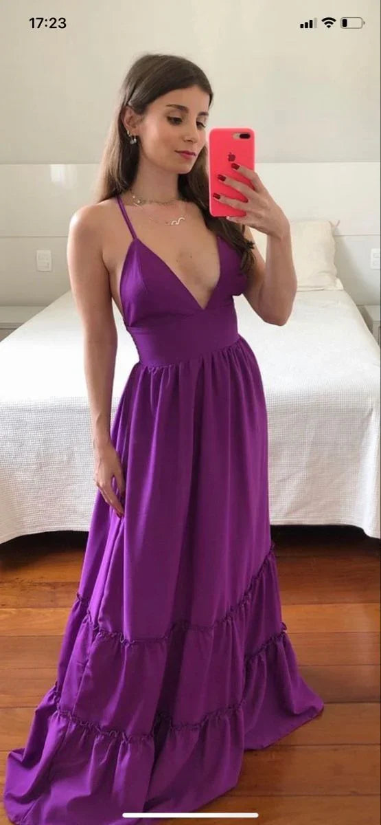 Robe de bal à col en V avec bretelles spaghetti violette, robe de soirée violette simple Y2349