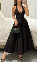 Vestido de fiesta negro elegante con escote en V y corte en línea A Y7856