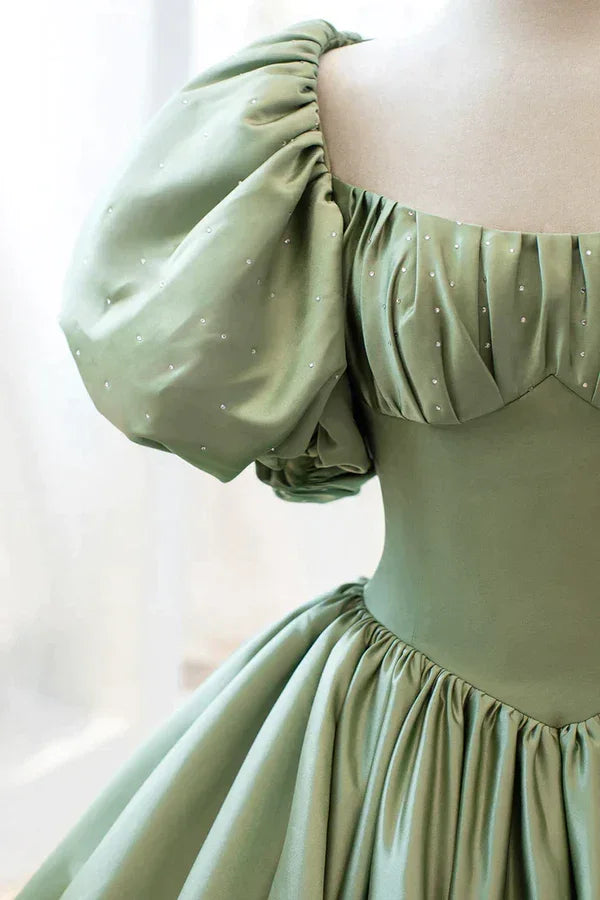 Vestido longo de baile em cetim com saia rodada, vestido de noite com mangas curtas Y4313