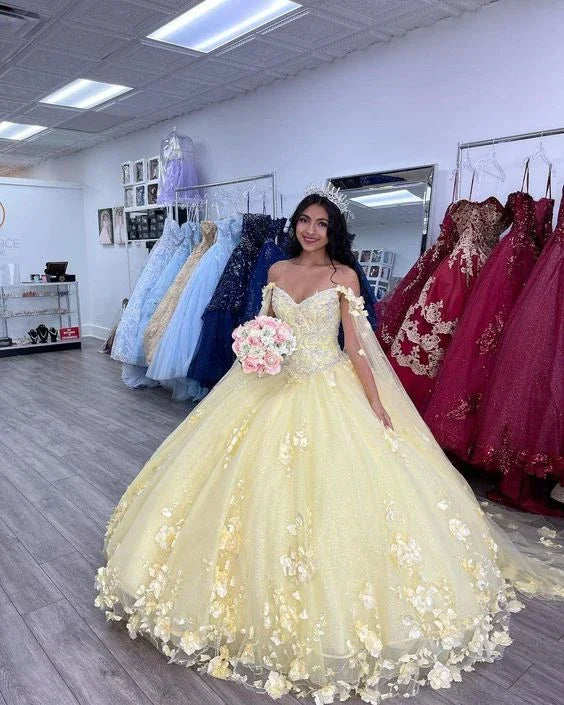 Vestido Amarelo com Flores 3D em Forma de Bola Vestido Doce 16 Y6578