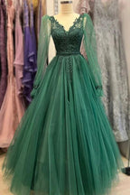 Vestido de fiesta verde de tul con cuentas, escote en V, manga larga, vestido de noche verde Y6811