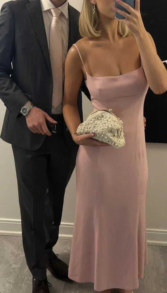 Abito semplice rosa con spalline sottili Abito da sera rosa Y7409