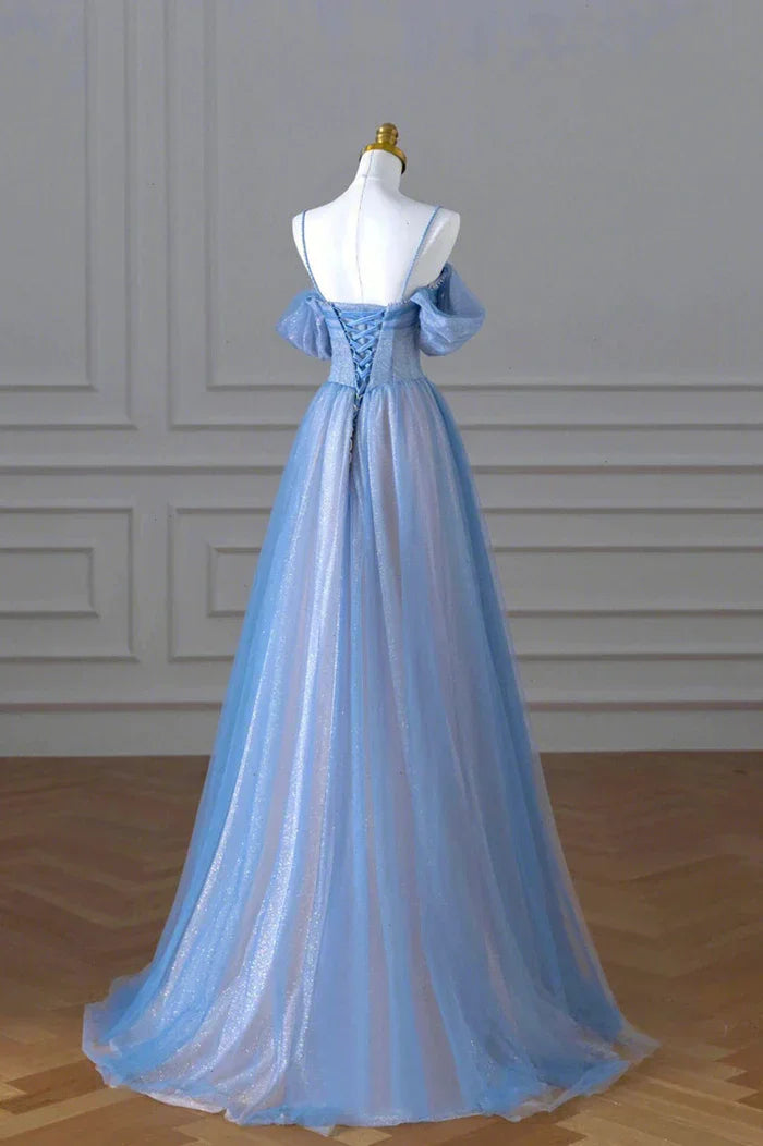 Blue Spaghetti Strap Tulle Long Prom Dress Beautiful A-Line Evening Dress Y4592