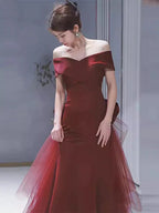 Vestido de Noite Ombro a Ombro Sereia com Laço Borgonha Vestido de Baile Y7181