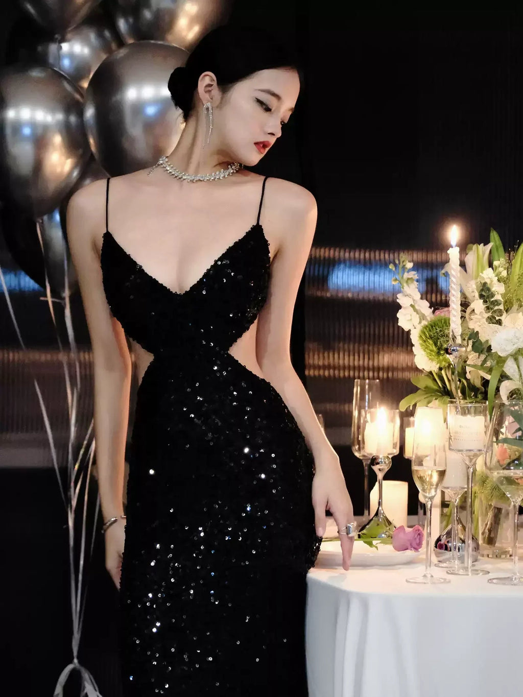 Black Sequins Sparkling Evening Dress Sexy Backless Evening Gown Y1124
