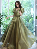 Einfaches grünes Tüll-Abendkleid mit V-Ausschnitt, lang, grüne Abendkleider Y1872