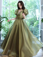 Einfaches grünes Tüll-Abendkleid mit V-Ausschnitt, lang, grüne Abendkleider Y1872