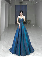 Vestido de noche azul con brillo y corte en línea A Vestido de princesa azul Y4982