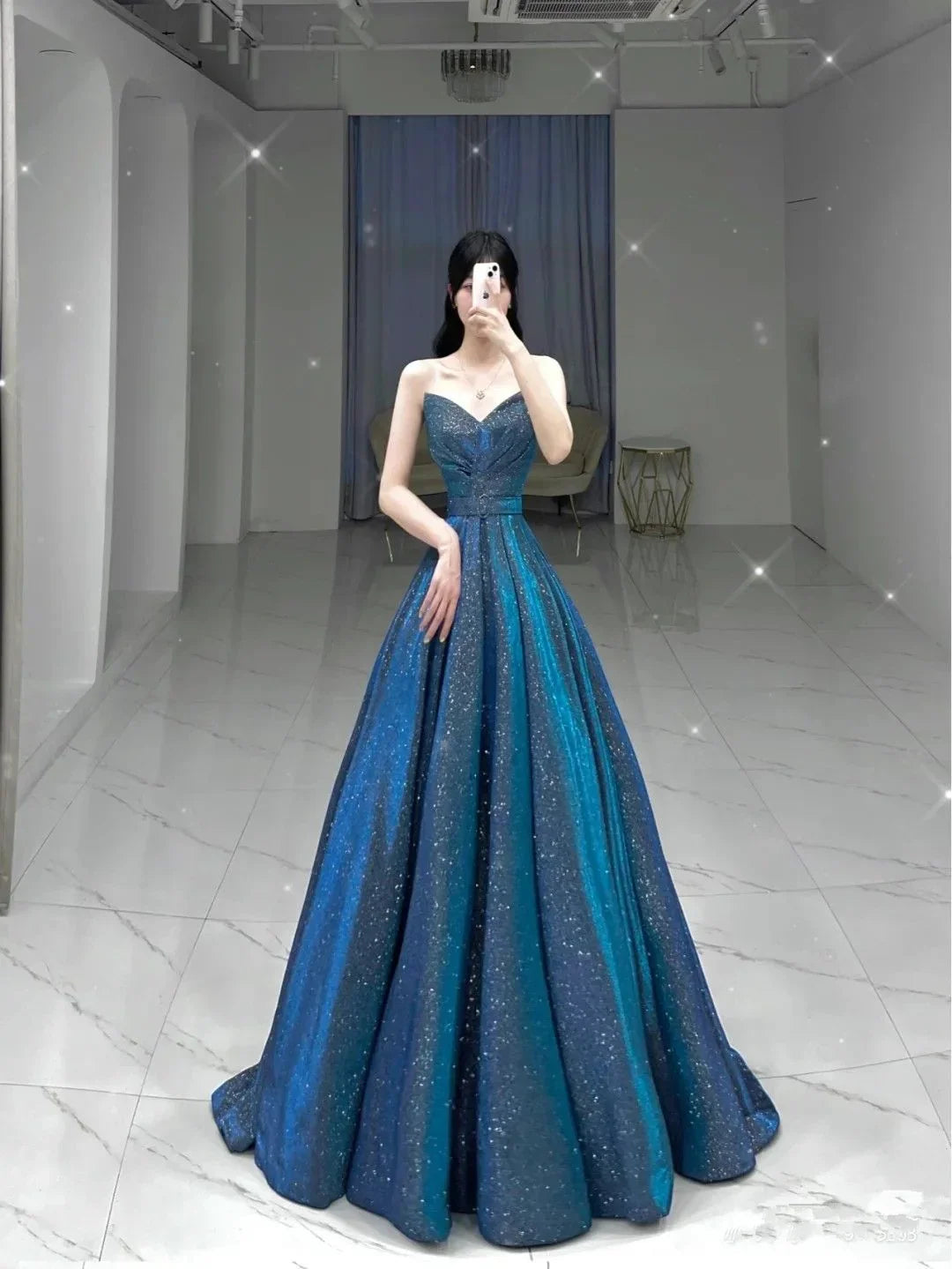 Vestido de noche azul con brillo y corte en línea A Vestido de princesa azul Y4982