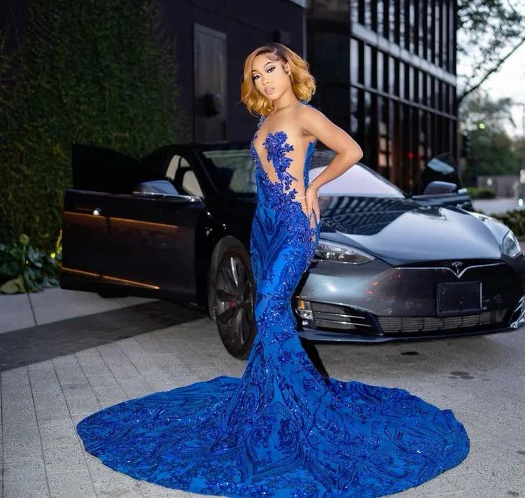 Vestido longo de baile azul real cintilante com cauda, vestido de noite sensual Y4122