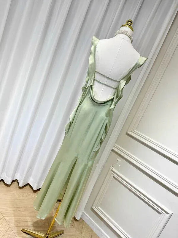 Vestido Elegante de Verão com Folhos, Fita e Costas Descobertas, Sexy para Mulher, Vestido de Noite Justo e Franzido, Y7390