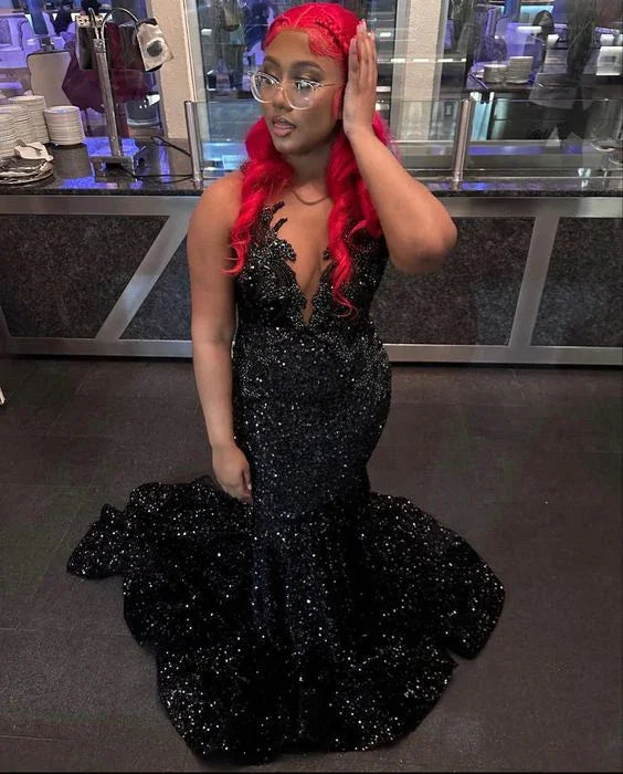 Black Sequins Mermaid Evening Dress Black Evening Gown Y6123