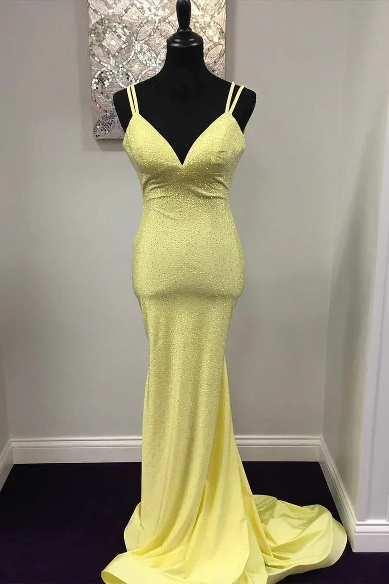 Mermaid Yellow Long Prom Dresses Backless Yellow Prom Dresses Formal Evening Dresses Y1562