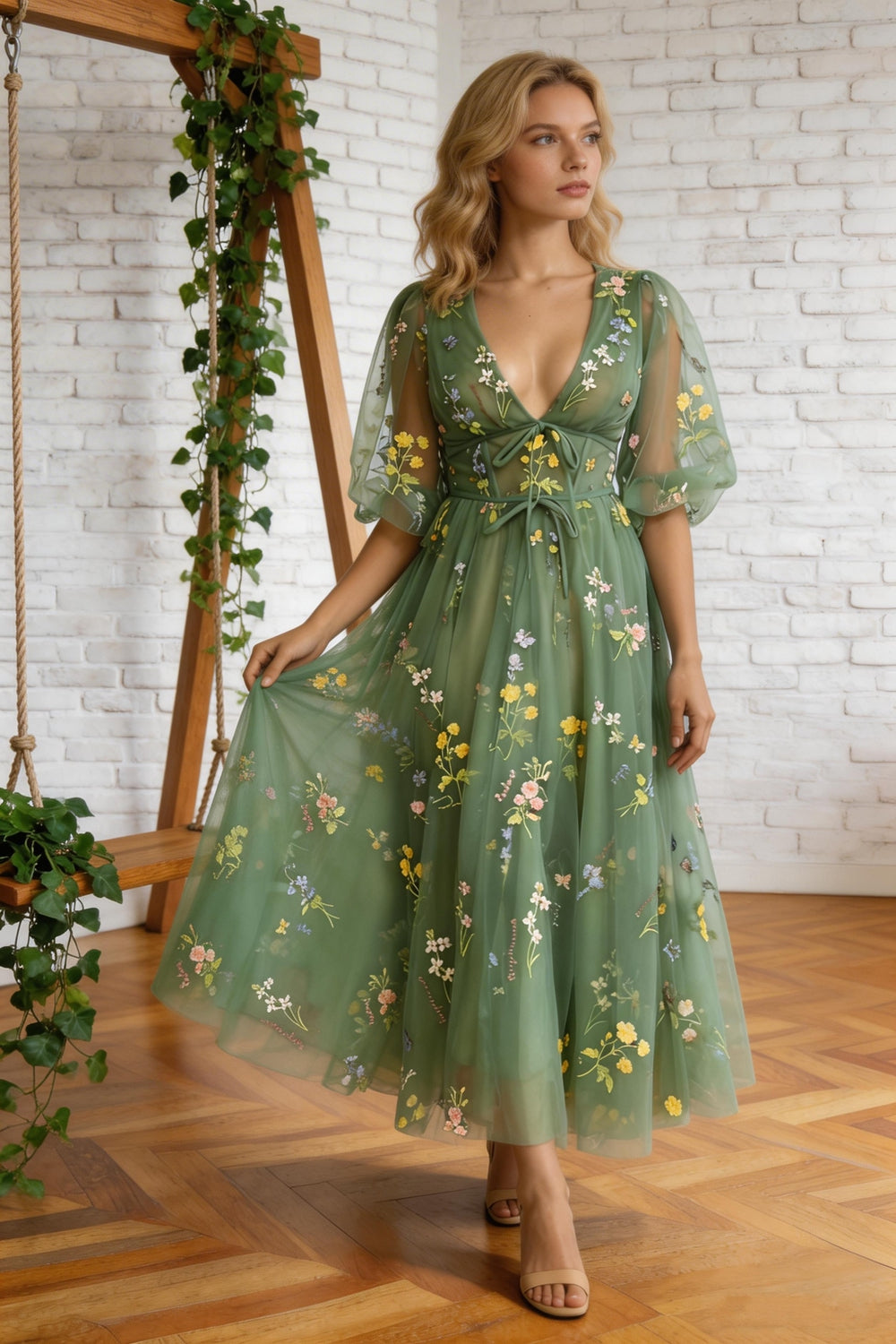 Illusion A-Line V-Neck Half Sleeves Appliques Tulle Prom Formal Dress PSK384 by pgmdress