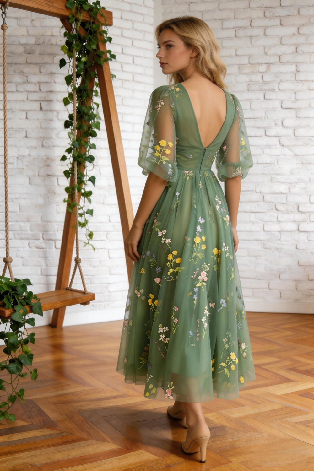 Illusion A-Line V-Neck Half Sleeves Appliques Tulle Prom Formal Dress PSK384 by pgmdress