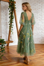 Illusion A-Line V-Neck Half Sleeves Appliques Tulle Prom Formal Dress PSK384 by pgmdress