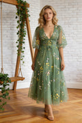 Illusion A-Line V-Neck Half Sleeves Appliques Tulle Prom Formal Dress PSK384 by pgmdress