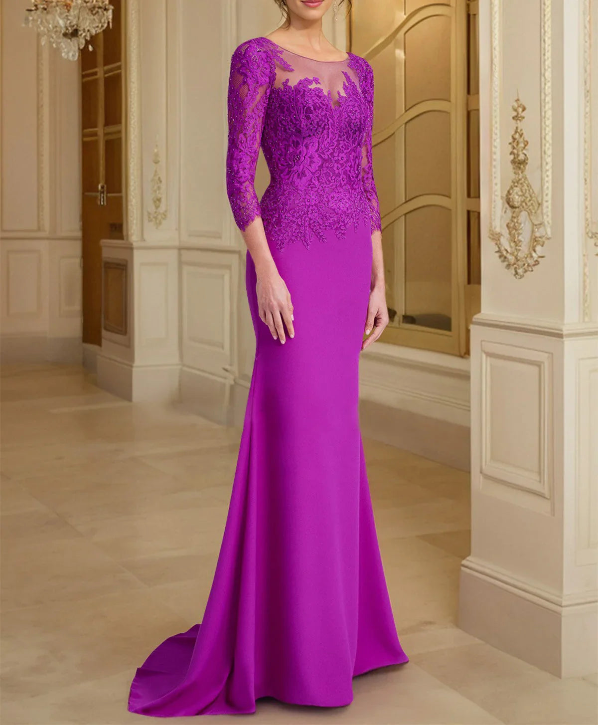 Vestidos de madre de la novia con mangas largas, corte trompeta/cola de sirena y encaje