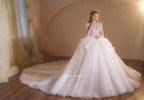 Abito da sposa etereo in tulle cristallino con scollo a V, maniche lunghe e strascico a cattedrale