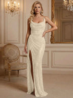 Silver Sequin Cowl Neck Ruched Long Prom Dress With High Slit